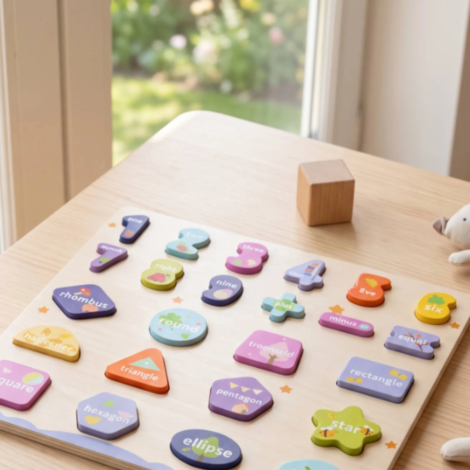 Number Puzzle Board with Blocks Educational Wooden Shape Puzzle Shape Blocks Natural Wood Bright Colors for Toddlers, Playroom