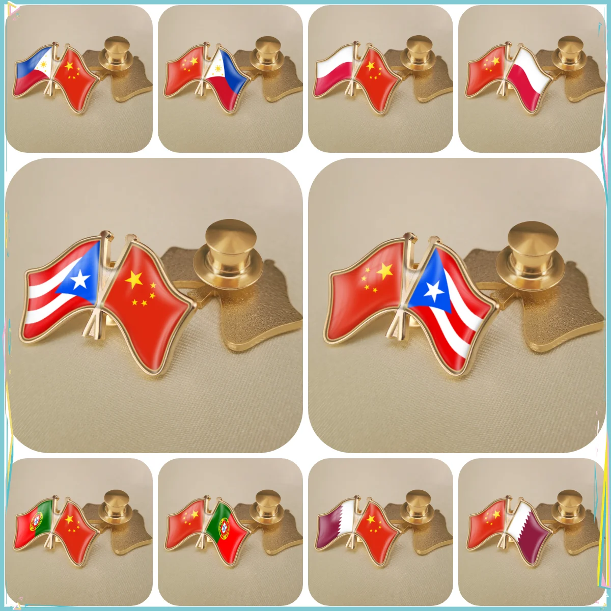 China and Philippines Poland Puerto Rico Portugal Qatar Crossed Double Friendship Flags Lapel Pins Brooch Badges