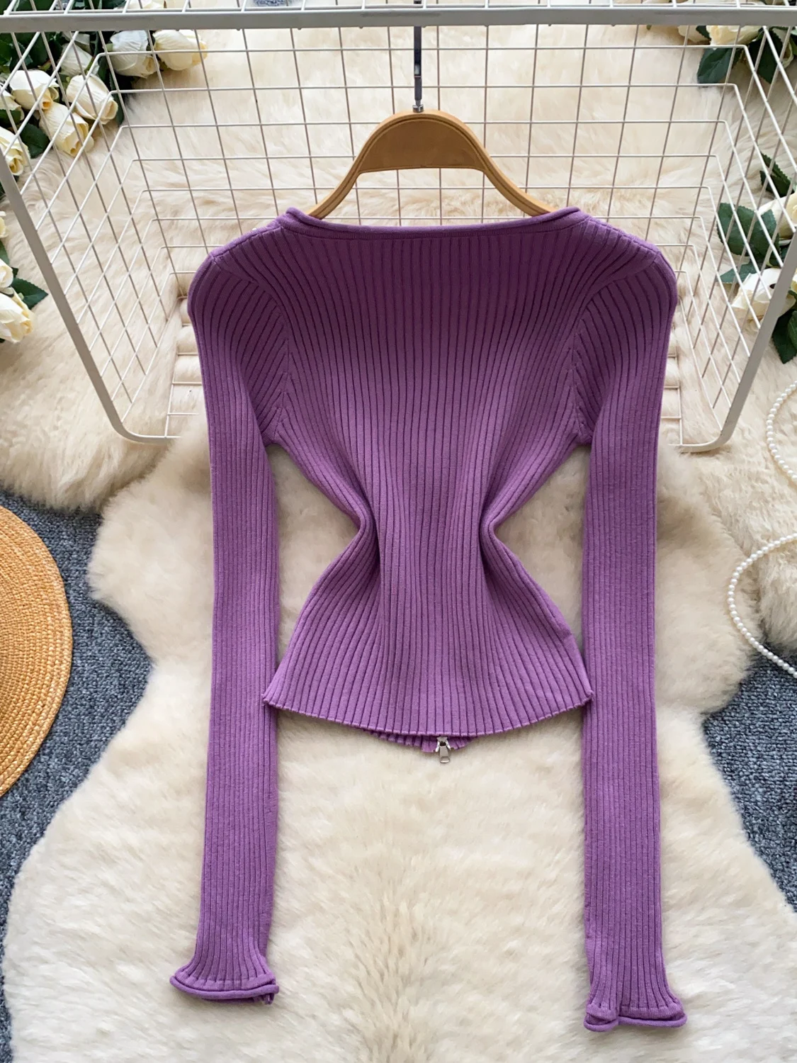 Heavy Embellished Zipper Cardigan Women's Slim Fit Knitted Top Fashionable Versatile Outerwear for Autumn Season