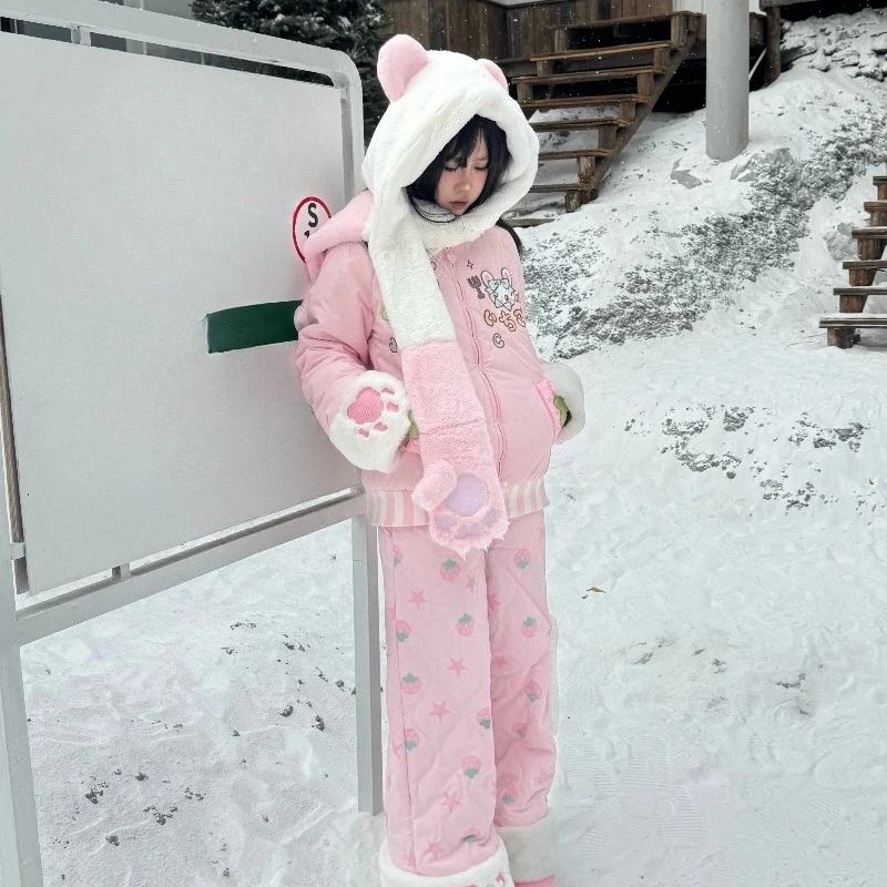 오리지널 일본 귀여운 소녀 스타일 스위트 파카 팬츠 세트 겨울 2025 여성용 플러시 따뜻한 두꺼운 애니메이션 프린트 카와이 다운 파카