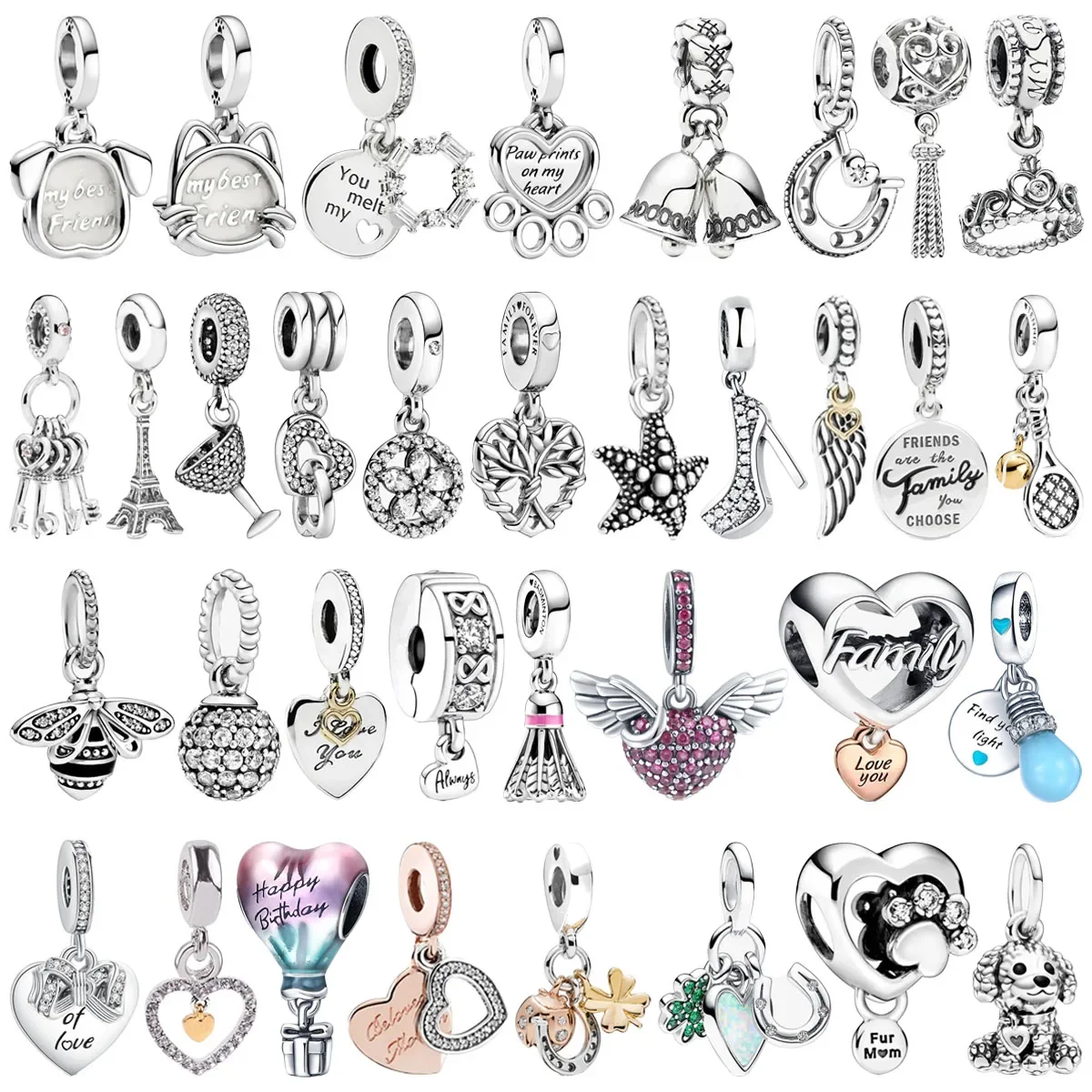 Original 925 Sterling Silver Heart Dog Animal Wings Clover Horseshoe Beads Charms for Pandora DIY Bracelet Women Jewelry Gift