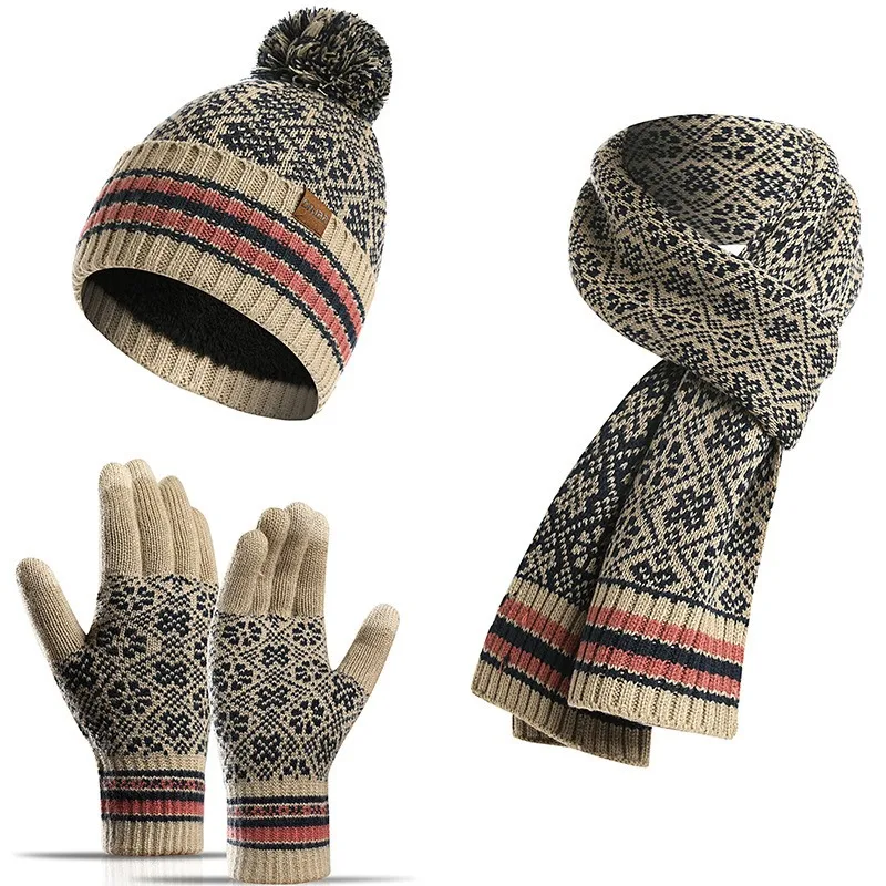 New men's and women's winter warm suit acrylic knitted wool pattern fashion hat scarf gloves three-piece set