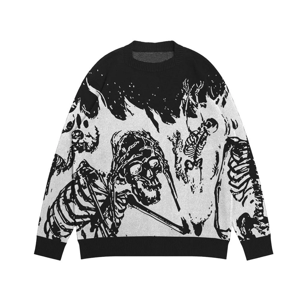 Spot European and American couple's sweater, men's and women's jacquard round neck, autumn and winter flame skull knitted sweate