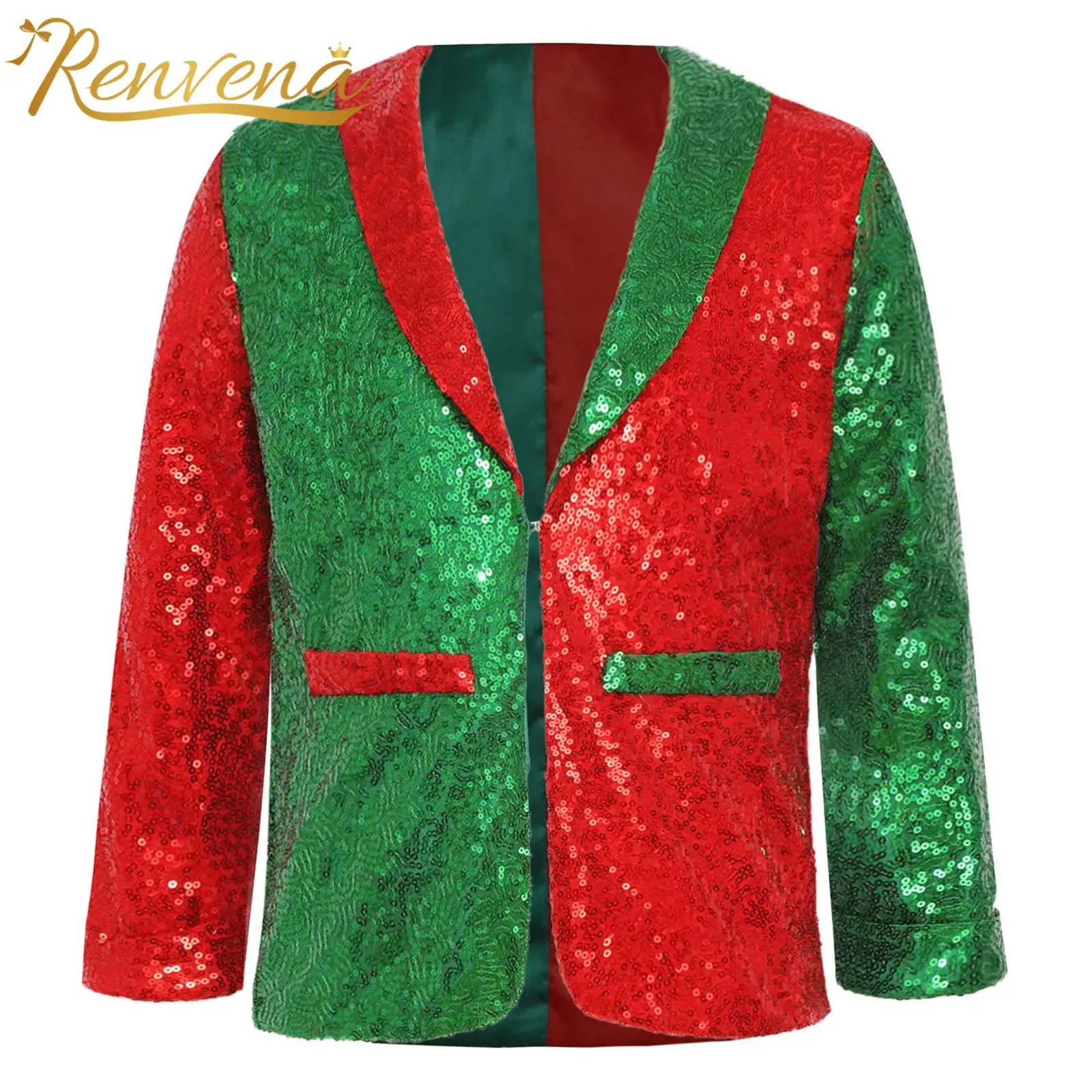 Boys Girls Christmas Costume New Year Shiny Sequins Coat Lapel Collar Long Sleeve Party Jacket Holiday Jazz Disco Dance Costume