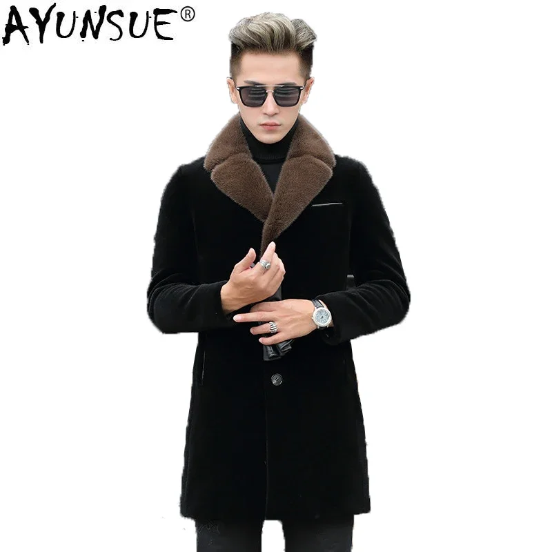 

AYUNSUE Real Fur Coat Men Clothes Winter Mink Fur Collar Sheep Shearling Men's Down Jacket Wool Fur Coat ML-DAF98003 KJ1189