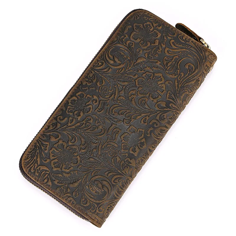 Floral Man Genuine Leather Purse Real Cow Leather Wallet Large Zipper Clutch Bag With Wristlet