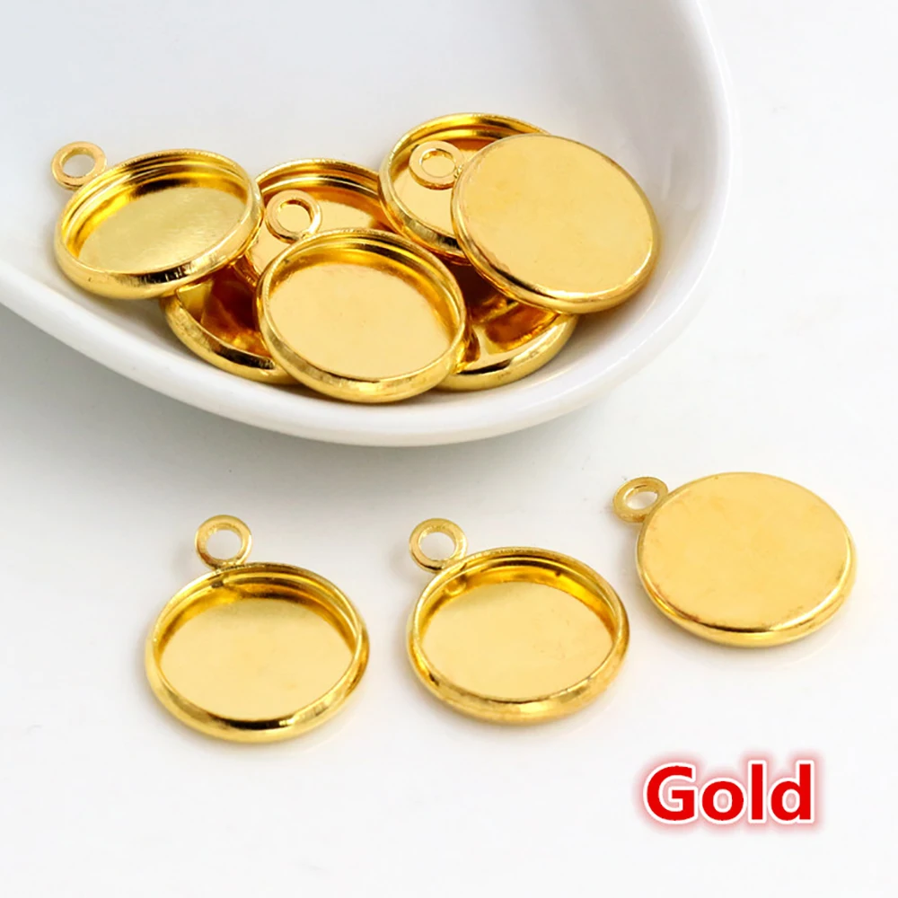 50pcs/Lot 12mm Inner Size Bronze Silver Rhodium KC Gold Colors Plated High Quality Iron Material Fit 12mm Cabochons Pendant Tray