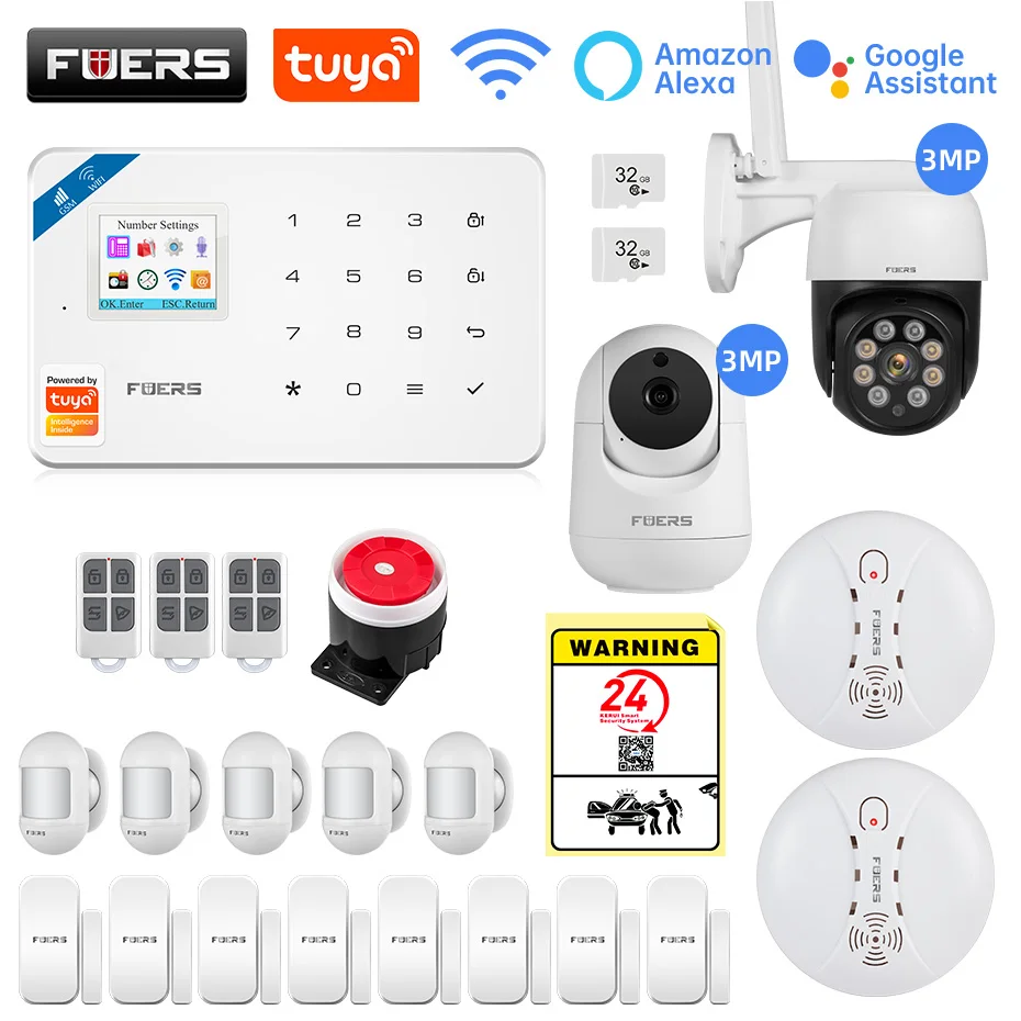 

FUERS W181 GSM WIFI Tuya Smart Home Alarm system Kit 433Mhz Wireless Alarm Security System IP Camera Control Motion Sensor Siren