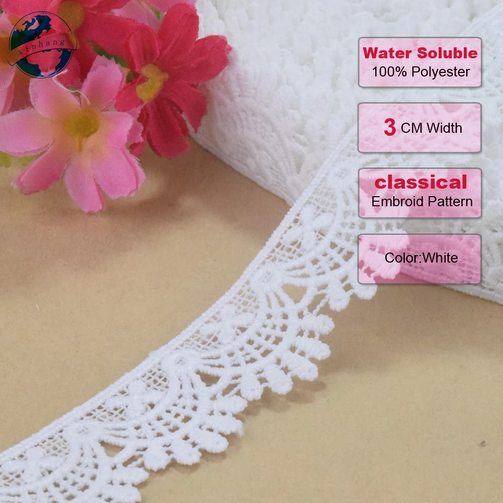 3cm White Wide Polyester Embroidery Lace French Ribbon Fabric Guipure Diy Trims Wedding Sewing Accessories Doll Dress#4350