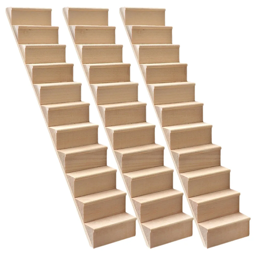 

3pcs Miniature Staircase Beige Unpainted Wooden Stairs Steps Handrail Free Dollhouse Accessories 1 12 Scale Toy Stairs Mini