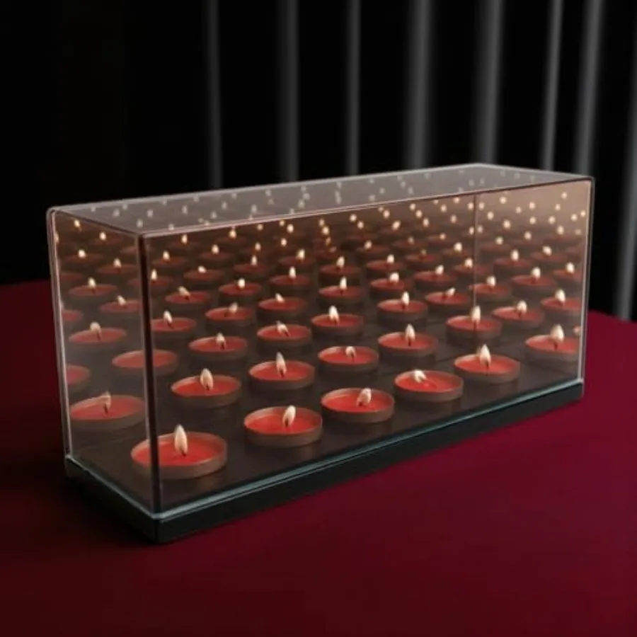 

Infinity Mirror Tea Light Holder Slot with Electric Flameless Compatible Design - Glass Reflective Centerpiece with Wooden Base