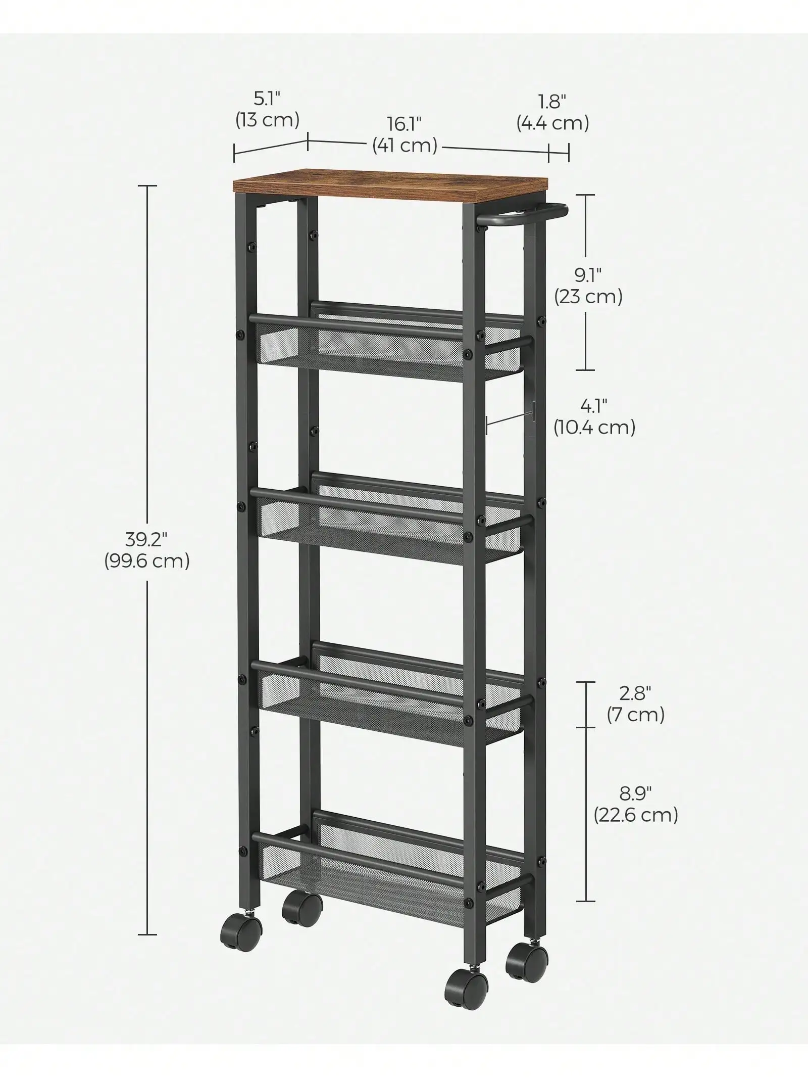 VASAGLE Slim Rolling Cart, 5-Tier Storage Cart, Narrow Cart with Handle, 5.1 Inches Deep, Metal Frame, for Kitchen, Dining Room