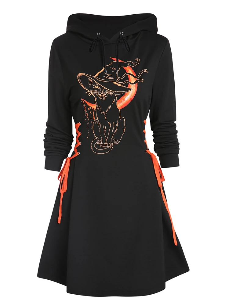 Dressfo 2024 Womens Gothic Hoodie Dress Cat Hat Moon Print Lace Up Long Sleeve A Line Mini Dress Black Dresses