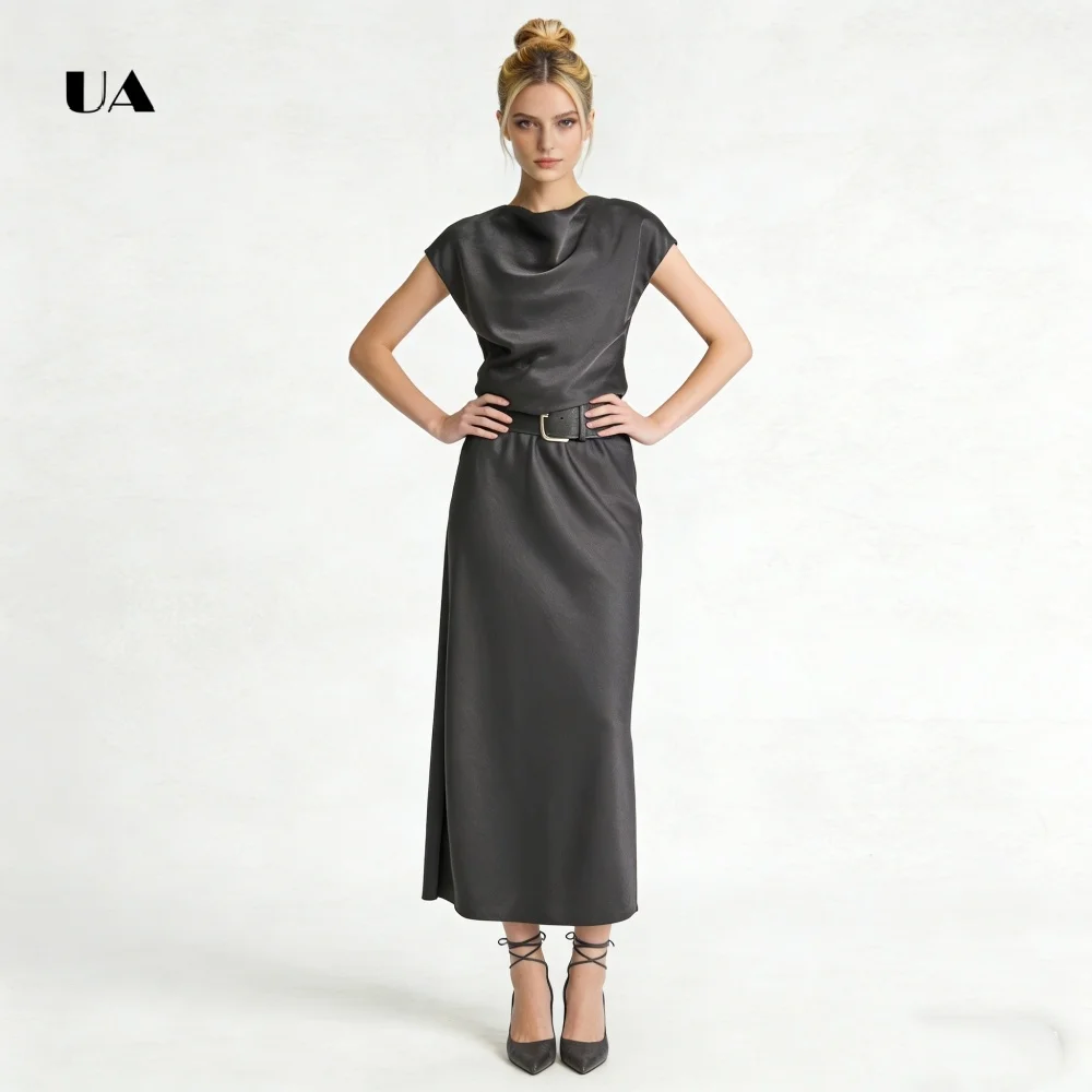 

ULBYANRY Satin Straight Prom Dress with Cap Sleeves, Solid Cowl Collar Evening Dresses for Women, Belt Customized Party Gown