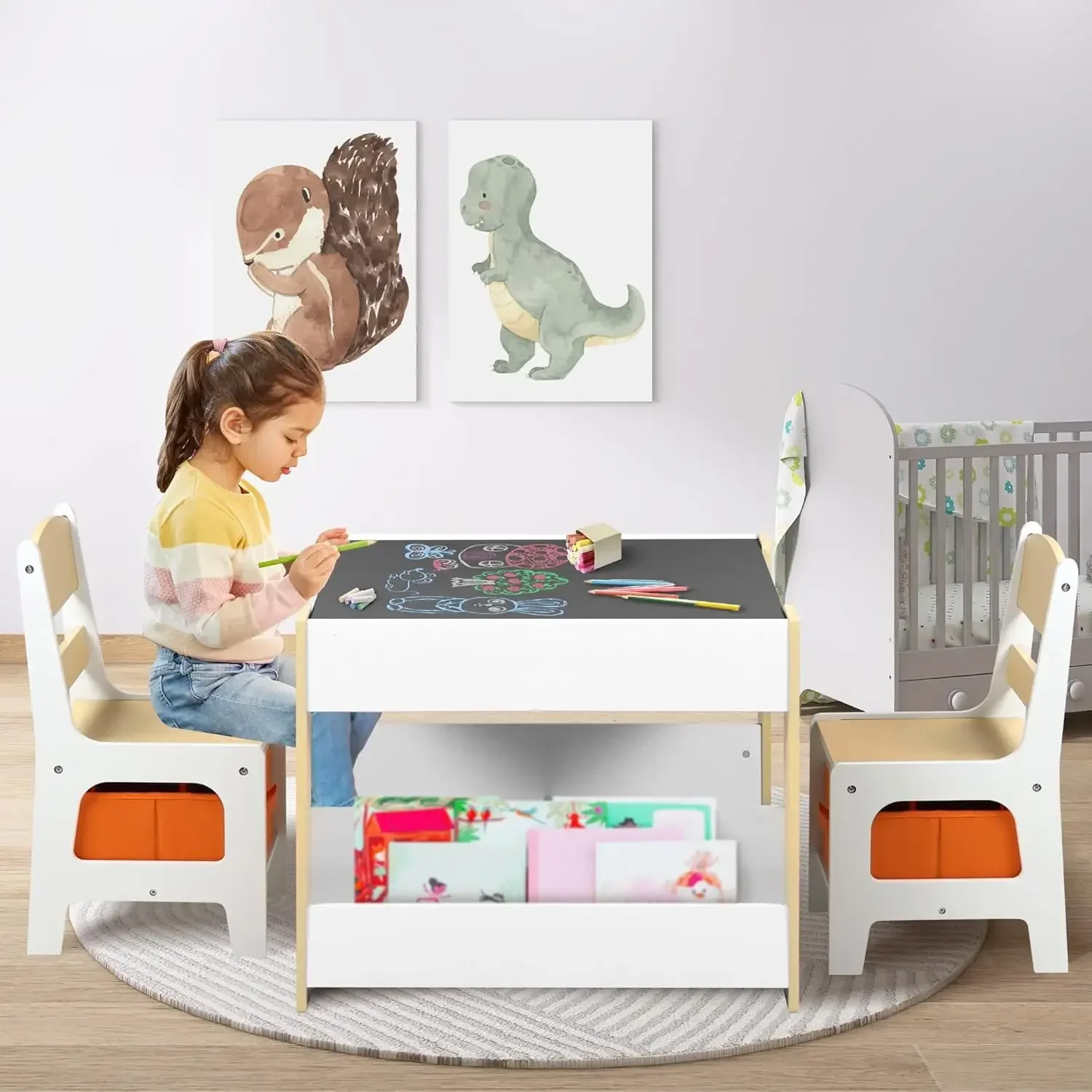 Set tavolo e 2 sedie King Kids in legno, tavolo da attività per bambini 4 in 1 con doppia libreria, lavagna, set di mobili per bambini per l'arte