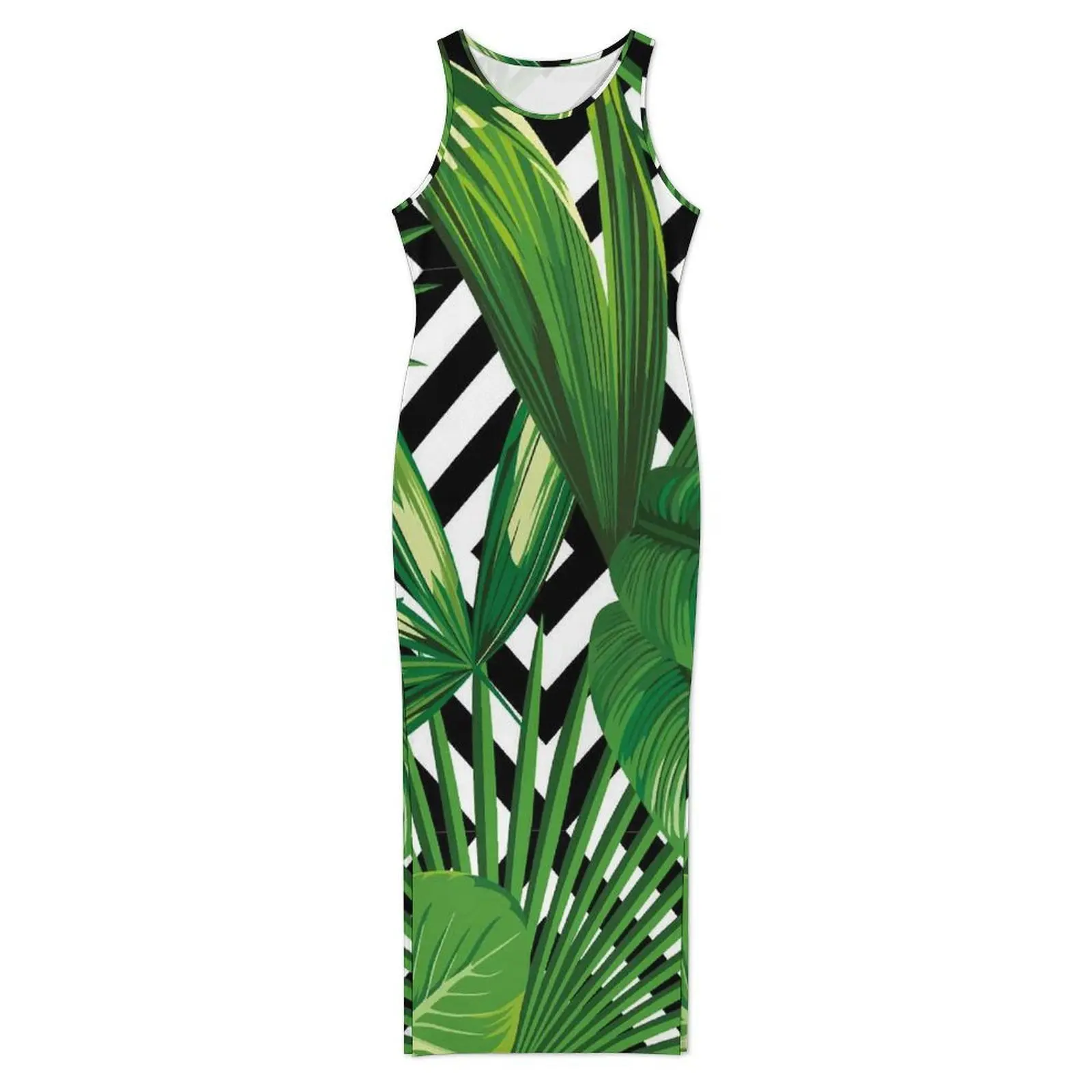 Palm Leaves Dress Sleeveless Black And White Geometry Street Style Maxi Dresses Vintage Bodycon Dress Design Big Size Clothing