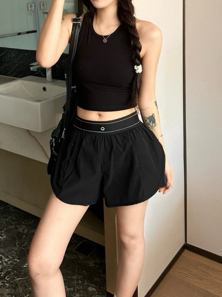 Casual Loose Wide Leg Shorts for Women Summer Thin Elastic Waist Black Shorts Running Fitness Quick-dry Breathable Sports Shorts