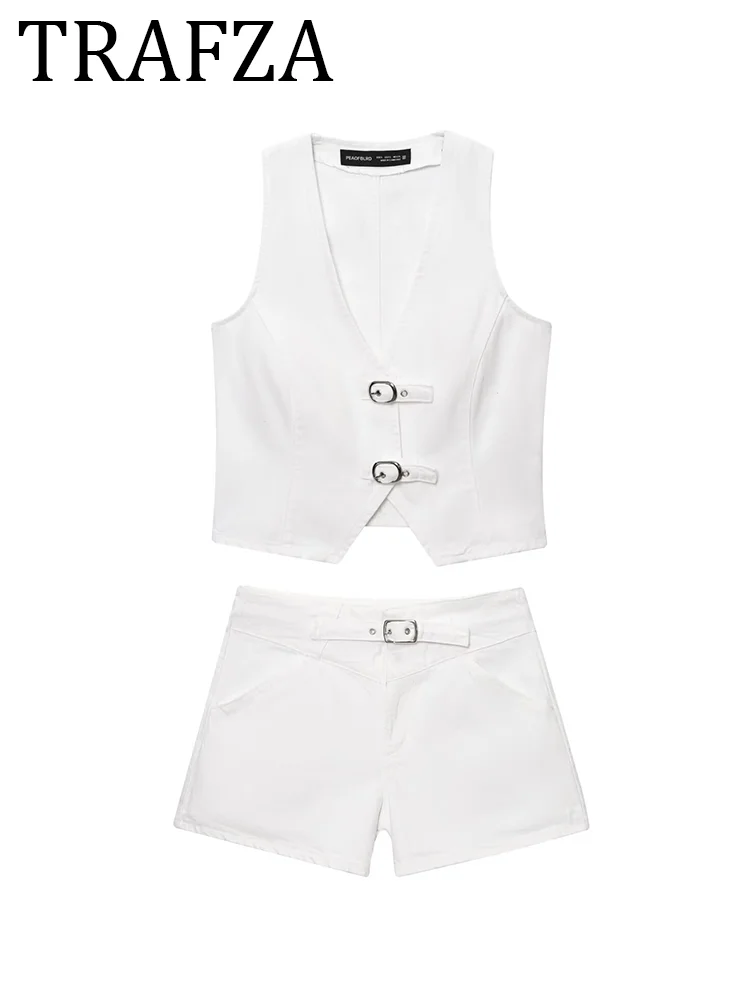 

TRAFZA Shorts Sets 2025 Women Fashion Denim Buckle Vest+Mid-Rise Shorts Two Pieces Suit Summer White Elegant Outfit Lady Set