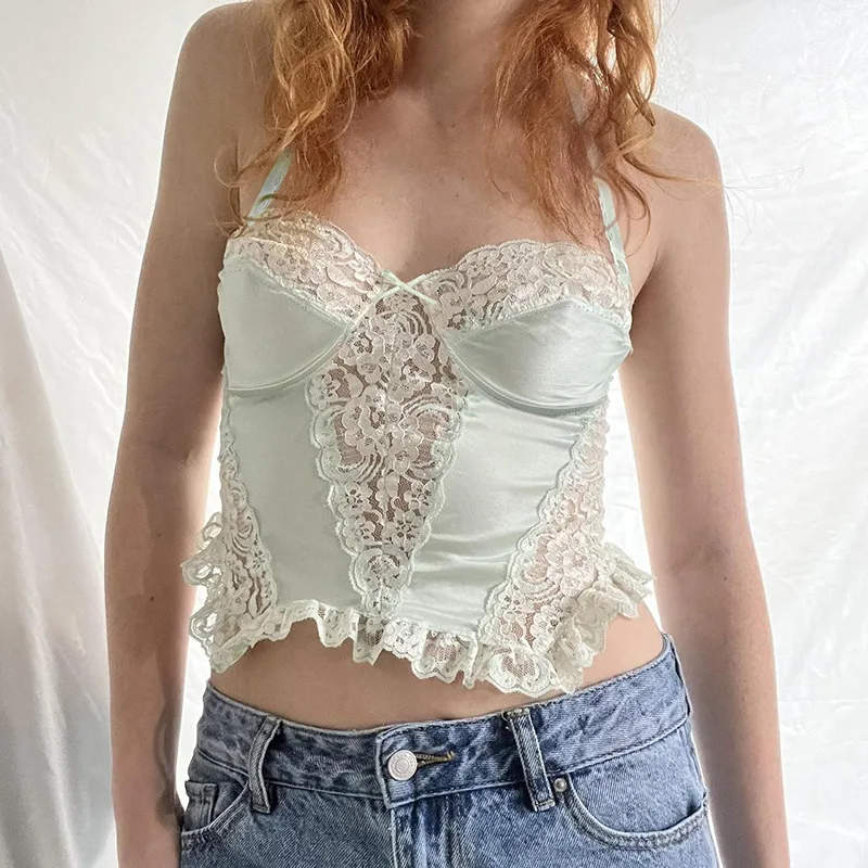 

Mint Green Lace Halter Spaghetti Straps Tube Top, Sexy See-through, Micro Pleated, Wooden Ear, Backless, Slim Fit, V Neck