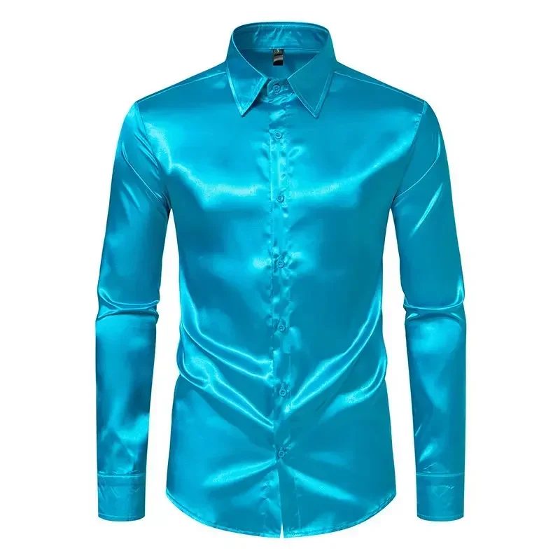 Chemise à Manches sulfen Satin pour Homme, Style Boîte de Nuit, Couleur Unie, Tendance, Automne et Hiver