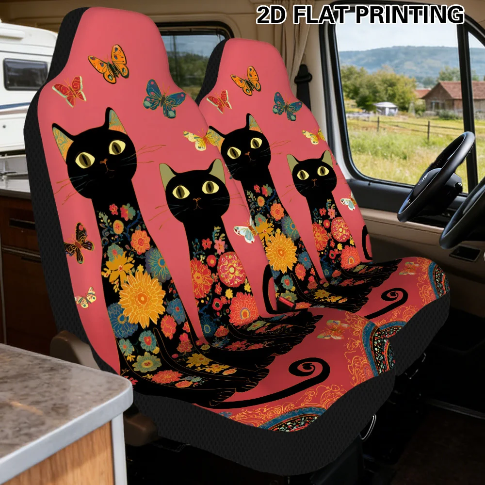 2pcs Floral Black Cats And Butterflies Art Design Car Seat Cover Set – Soft, Comfortable, Universal Fit, Great Gift For Daily Co