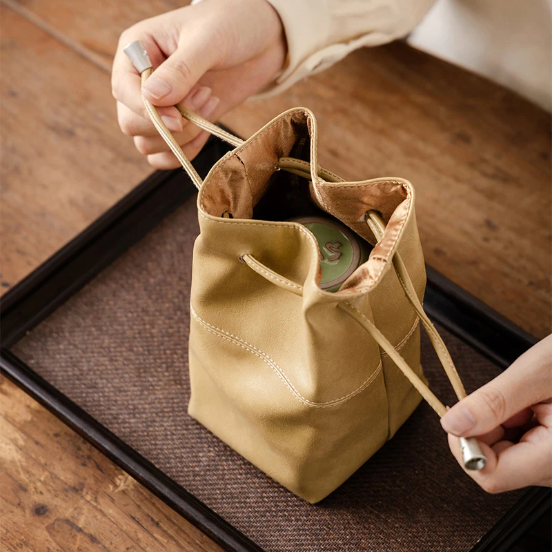 

Pure Color Drawstring Canvas Insert Bag with Buckle & Inner Pocket Compatible with Portable Teapot Cup Storage Bag