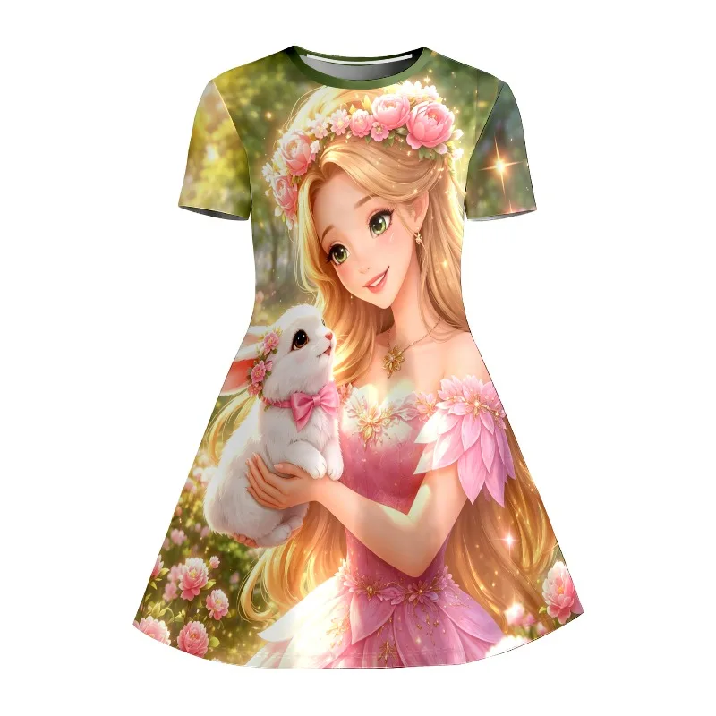 Girl's Long Haired Princess and Rabbit Print Pink and Green Short Sleeved T-shirt Dress Suitable for Birthday Parties or Gifts view 4