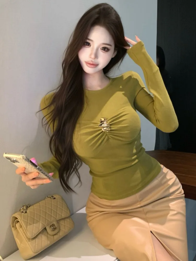 

Green Long Sleeve Women's T-shirt Autumn Winter Sexy Slim Fit Base Shirt Inner Wear Folded Hem City Walk Skin Friendly Breath...