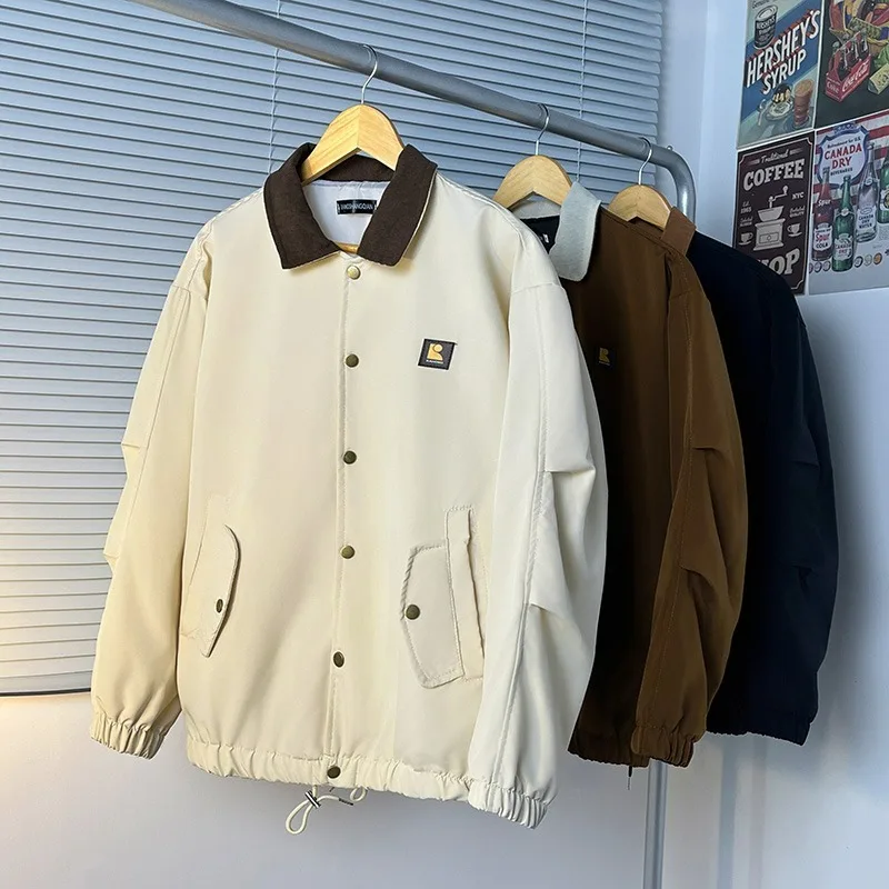 

Retro Japanese Sle Color Blo Collar Jaet Men's Spring Autumn Loose Casual Harlington Jaet Polyester Fabric Long Sv...