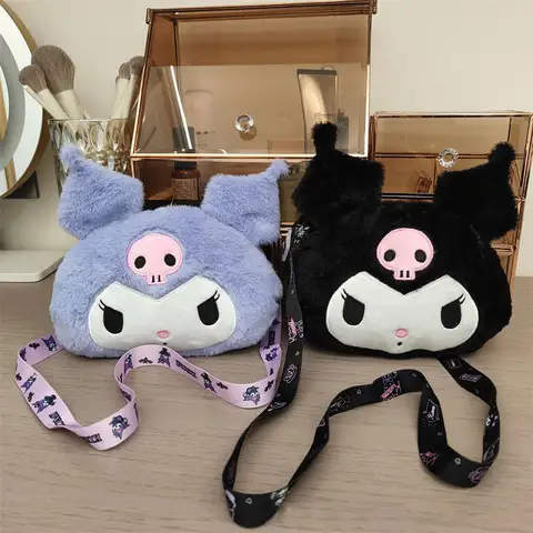Nuevo lindo Sanrio Kuromi púrpura negro bolso de hombro de dibujos animados chica Ins bolso de felpa bolso cruzado bolso de cambio de bolsillo para niños regalo para niña