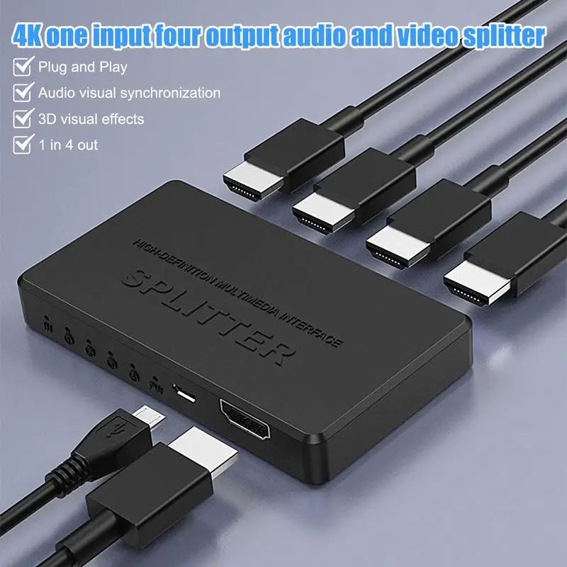 4K HD Splitter 4K Splitter 1 In 4 Out Switcher Splitter 4K Plug & Play Design 4K 30Hz 1 Input To 4 Outputs For Monitor