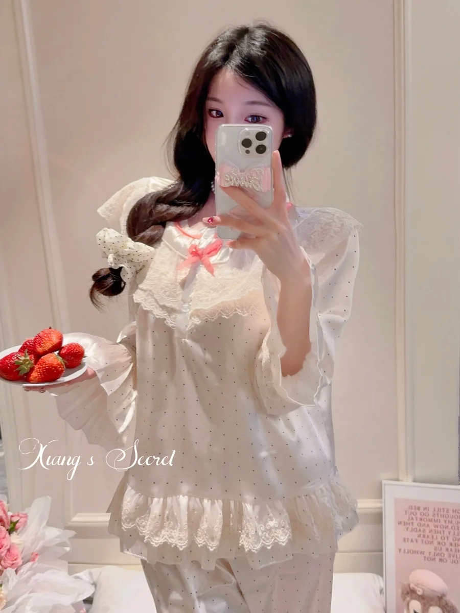 Sweet Retro Cream Princess Court Style Polka Dot Bow Pajamas Japanese Girl Casual and Comfortable Long-sleeved Loungewear Set