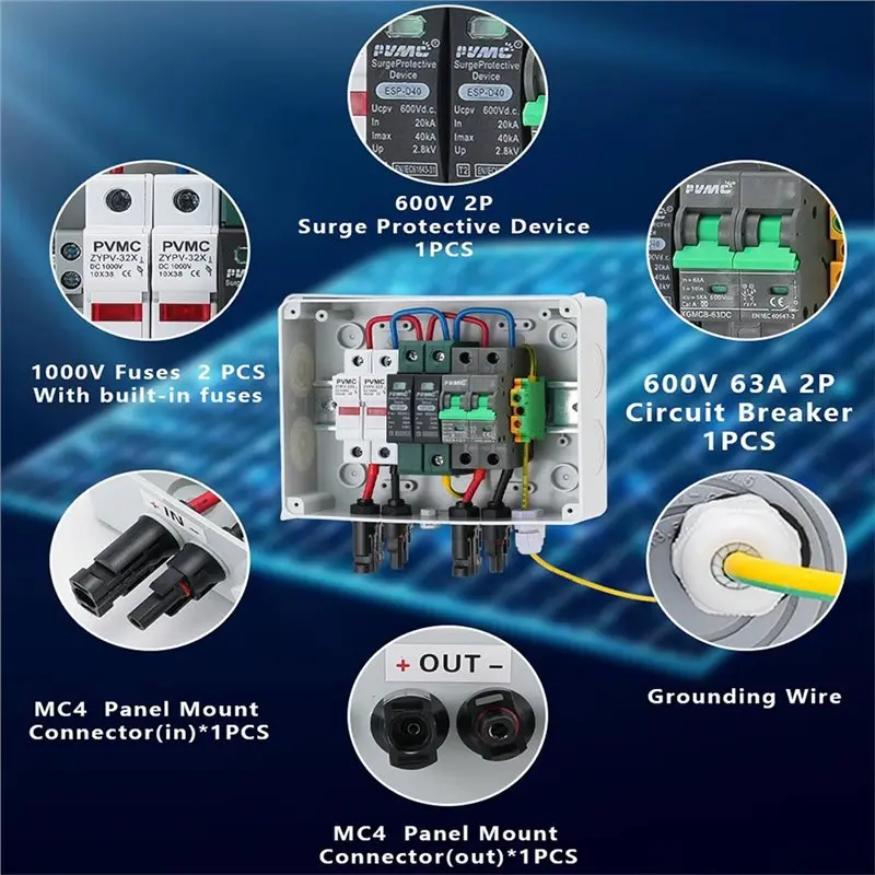 A98E-DC 600V 1 In 1 Out Solar Photovoltaic PV Combiner Box With 32A Fuse MCB SPD Lighting Protection Waterproof IP65 Rating
