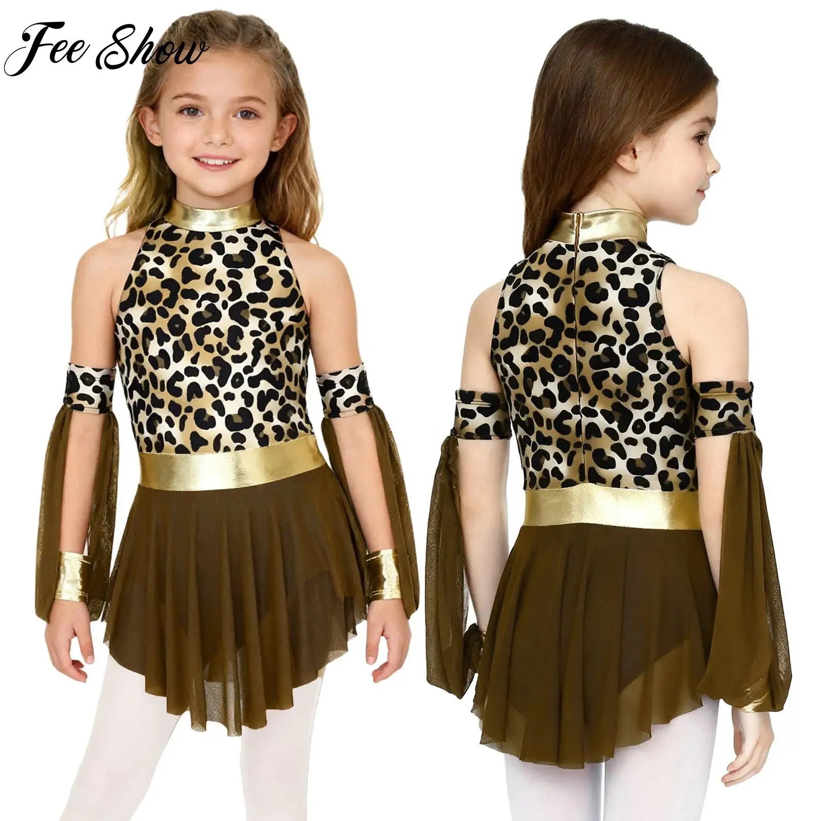 

Girls Carnival Prehistoric Cave Cosplay Costume Clubwear Leopard Print Metallic Gloss Sleeveless Dress Set for Halloween Party
