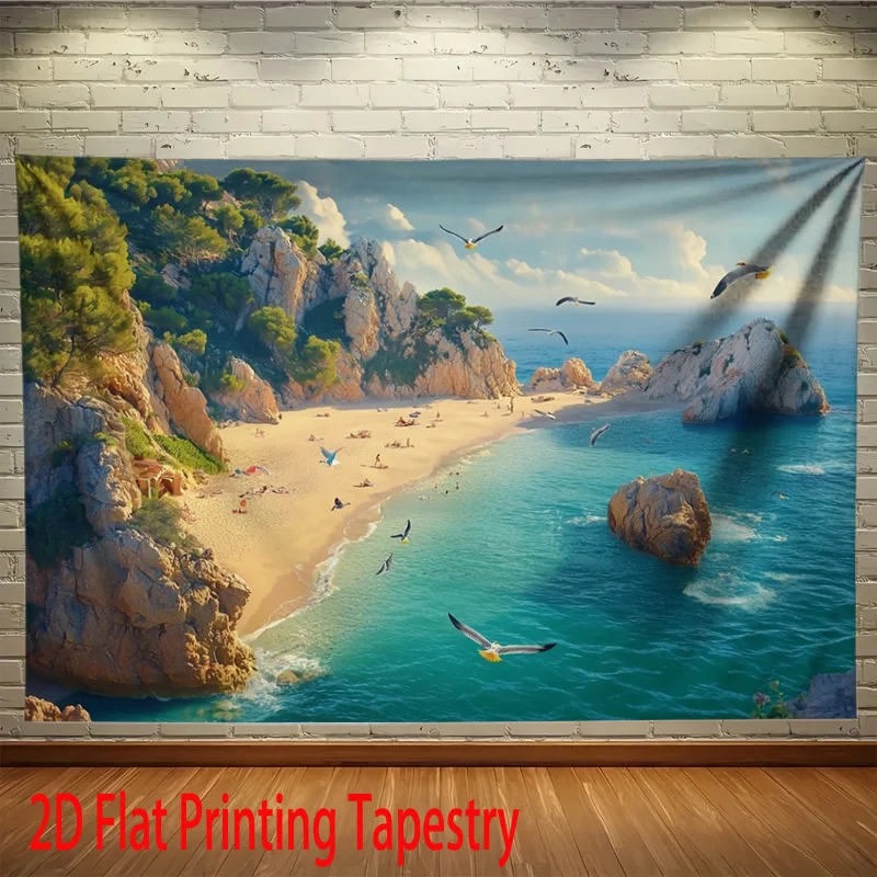 Seaside Cliffs & Seagulls Tapestry 2D Digital Print Polyester Wall Hanging Living Room Bedroom Office Decor with Hooks