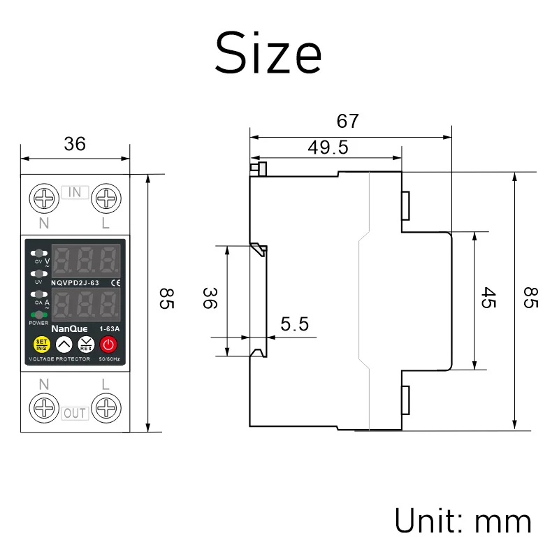 Ajustable Voltage Protector AC110V 220V 50/60Hz Automatic Recovery Settable Current Protector 1-63A Voltage Current Meter