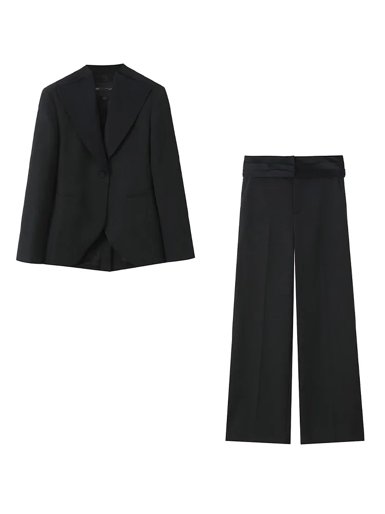 

HH Women New Suit Single Button Long-Sleeved Waist Blazer Jacket+Winter Elegant Mid-Waist Pockets Belt Long Pants Mujer