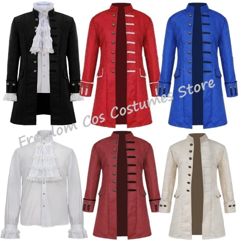 

Renaissance Medieval Steampunk Men Gothic Trench Coat and Shirt Set Vintage Prince Overcoat Victorian Edwardian Cosplay Costume