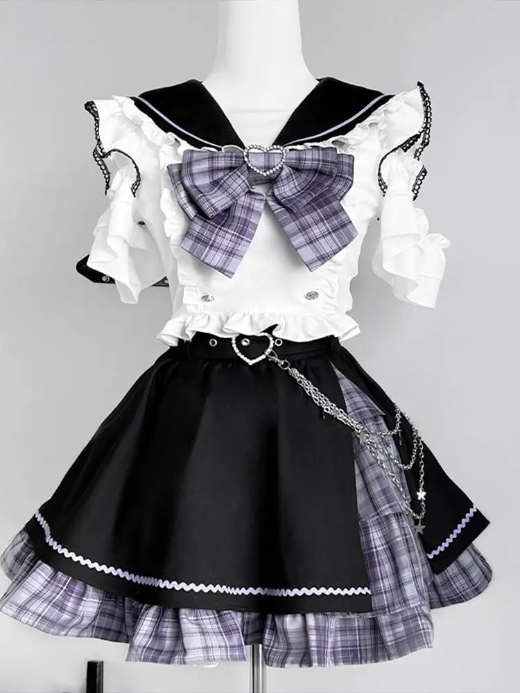 Sweet Girl Sailor Collar Lolita Dress Women Plaid Heart Bow Ruffle Sleeve Chain Belt Plaid Layered Ruffle Hem Cute Mini Dress