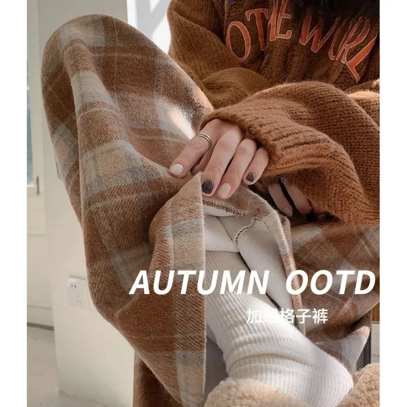 

brown Plaid Pants Women's Autumn Winter Straight Casual Outer Wearing Cotton Pants High Waist Woolen Wide Leg Fleece-Led Pants