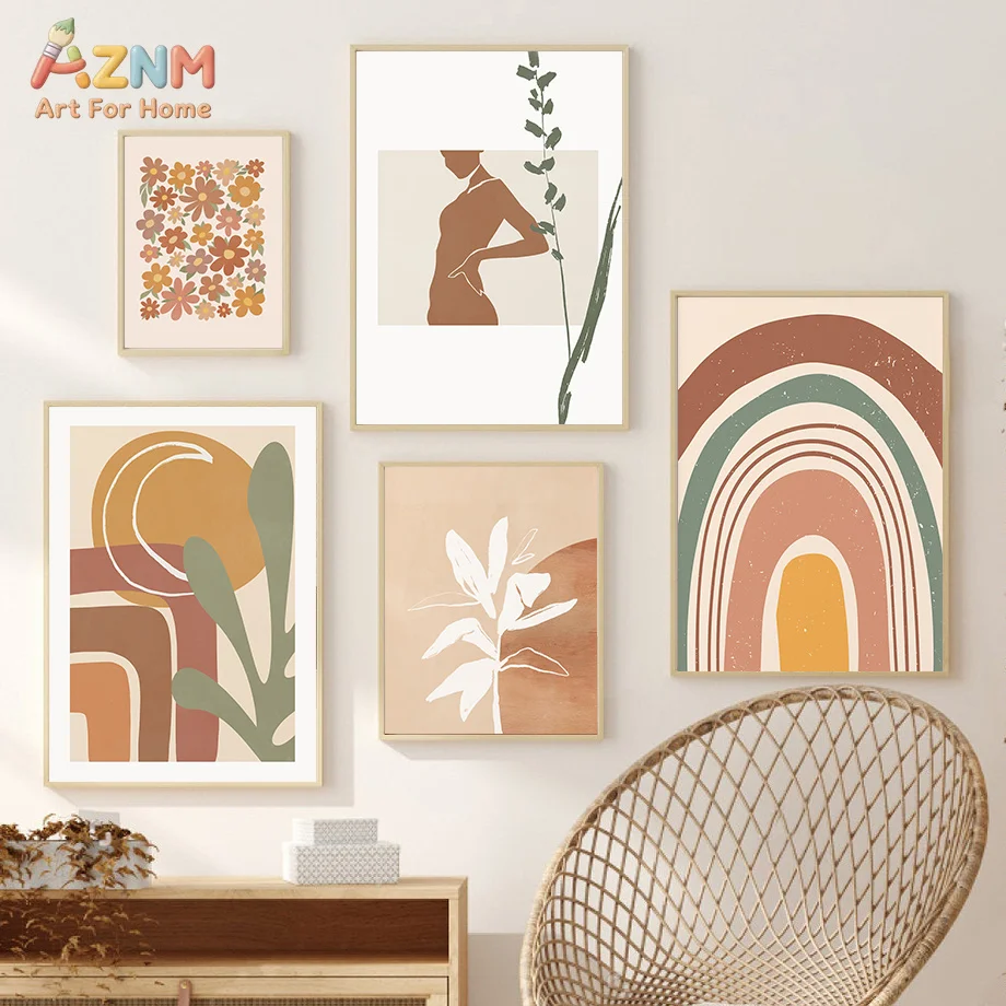 AZNM Neutral Boho Abstract Canvas Wall Art Floral Line Woman Silhouette Rainbow Sun Mid Century Modern Minimalist Print Living R