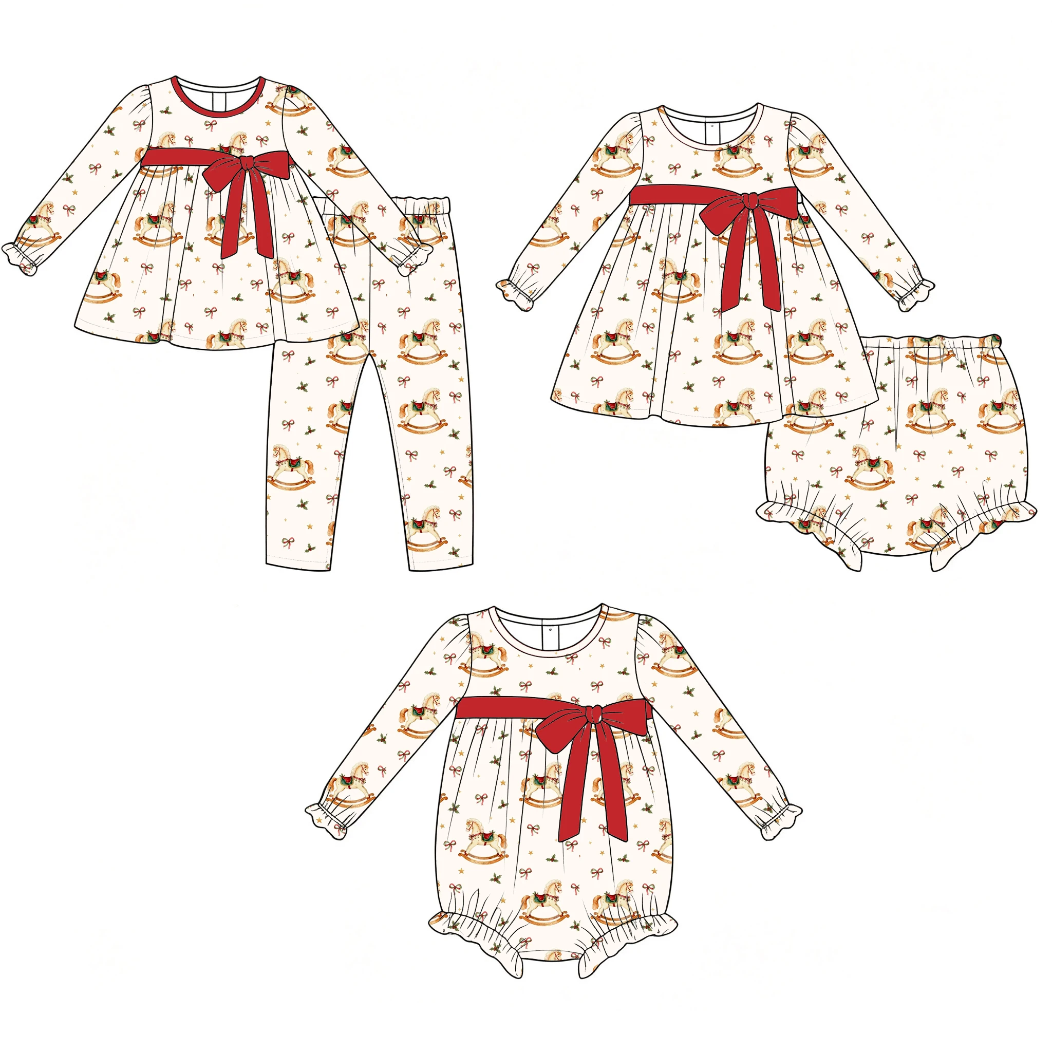 Boutique Kid's Girls' Set Romper Round Neck Long sleeves Ruffle Bow Decoration Christmas Series Prints Custom