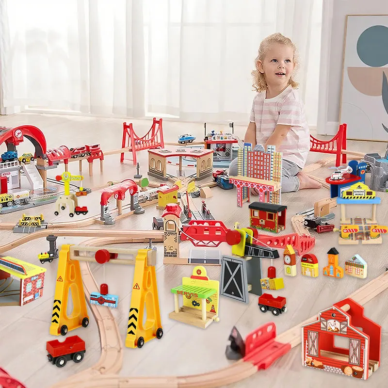 Wooden Train Track Accessories Wood Railway Track Train Station Bridge Tunnel Elevated Building for All Brands Wooden Track Toys