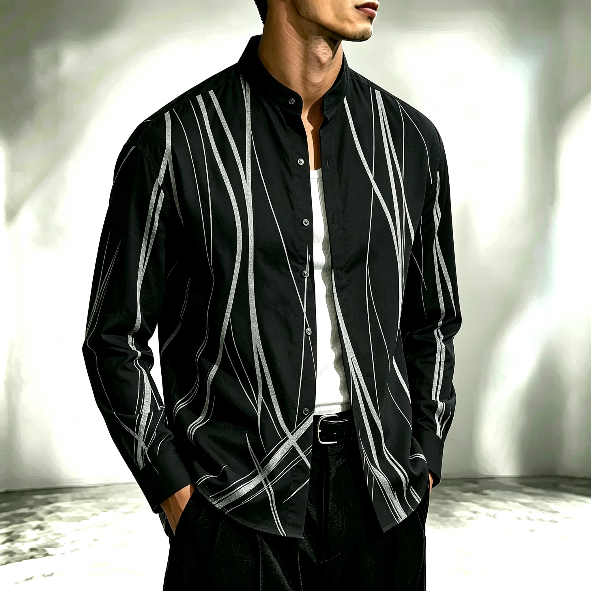 Men's Black Long-Sleeve Shirt with Stand Collar and Curved Stripes-Artistic Print-Trendy Urban Casual Top