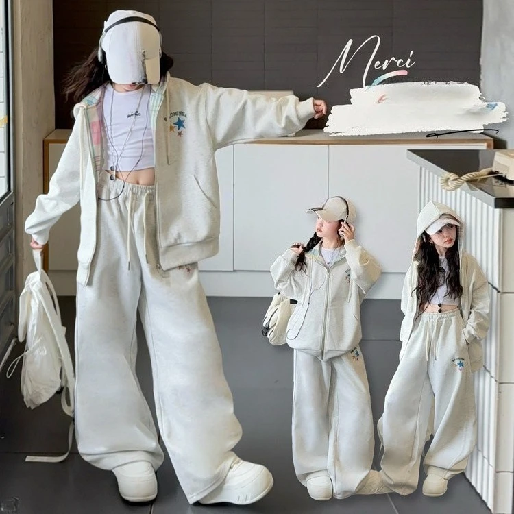 

Осенний комплект спортивной одежды для девочек-подростков, куртка со звездами на молнии с капюшоном и капюшоном + спортивные штаны, костюм из 2 предметов для младшего ребенка, детский костюм