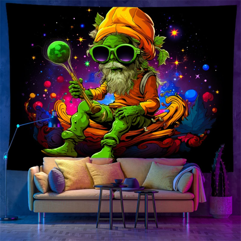 VIKAMA Psychedelic Alien Hemp Leaf Tapestry, Colorful Space Wall Hanging, Trippy Atmosphere Decor for Bedroom Dorm Party