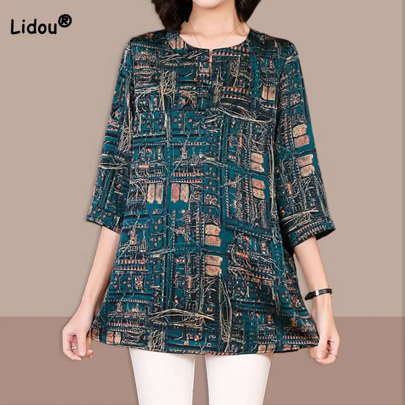 

Casual Loose 3/4 Sleeve Printed T-shirt Women's Clothing Summer New Fashion All-match Round Neck Vintage Tops Pullovers Female