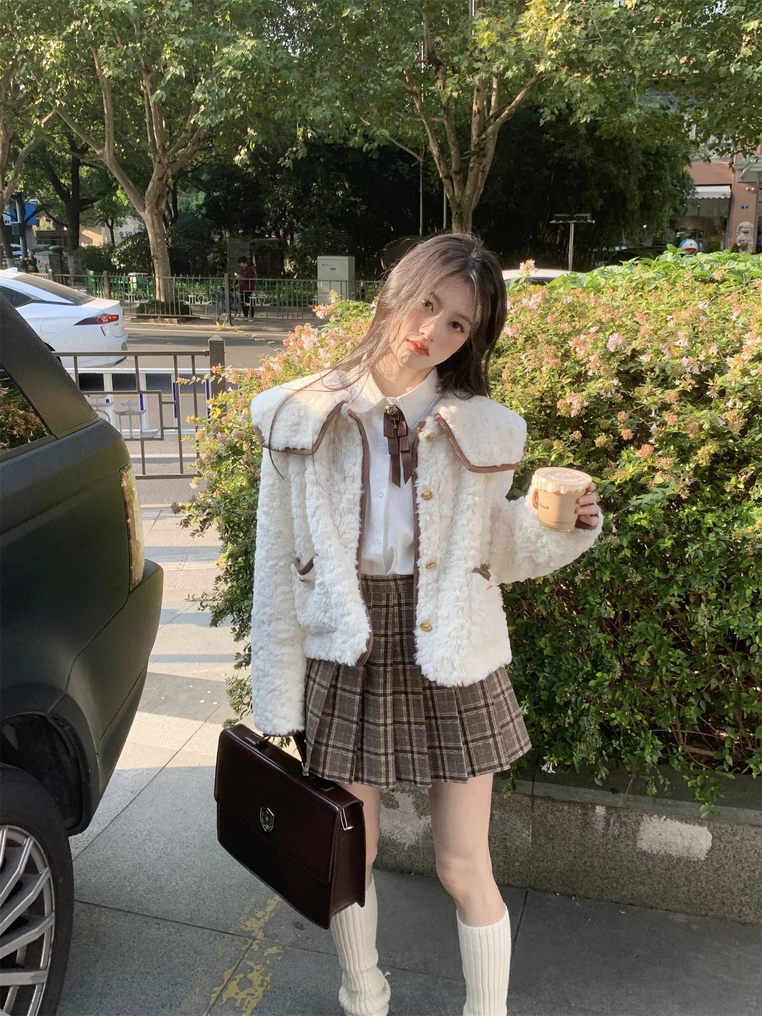 LXLILIUM Klara Sweet Heart Navy Collar Color Blo Fur Leather Jaet Dames top Winter Faion Premium dameskleding