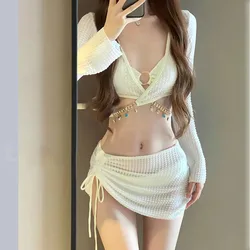 Women 4 Piece Bikini Set With Cover Up Beach Pareo Skirt Long Sleeve Crop Tops Sexy Bikinis Swimsuits For Women Bathing Suit