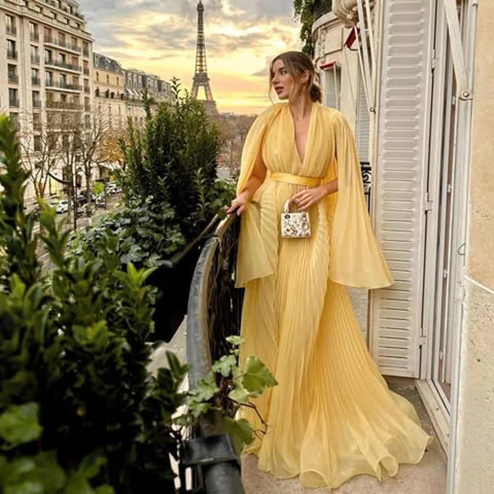 Stylished Yellow Pleated Long Women Formal Party Dresses With Long Cape Sleeves V-neck Folds Maxi Gowns